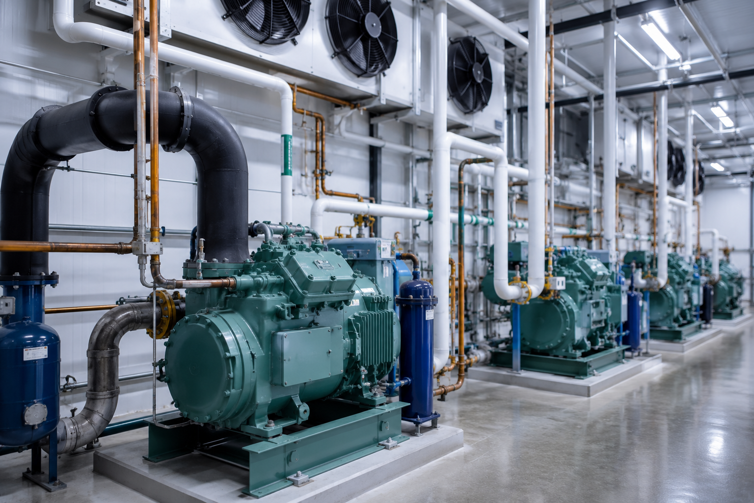 Image needed: Industrial refrigeration plant room with secondary loop pipework